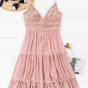 Spaghetti strap pink sweethear ruffle midi dress